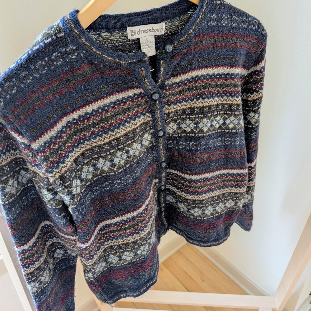 Vintage Fair Isle Abstract Geometric Button Front Cardigan Sweater In Navy - Picture 3 of 5